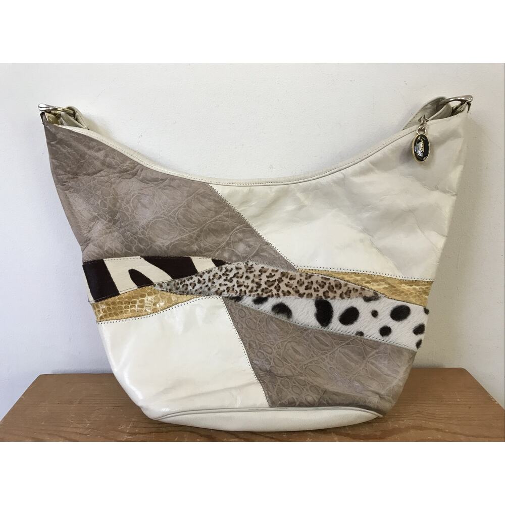 Vintge 80s Dame David Mehler White Animal Print Leather Shoulder Purse Handbag